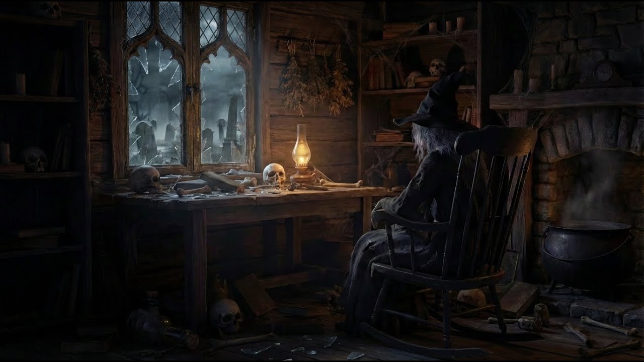 4K 2 HOURS Spooky Witch Cabin Ambience 🕯️ Haunted Workshop, Foggy Graveyard Outside | Sleep / Relax