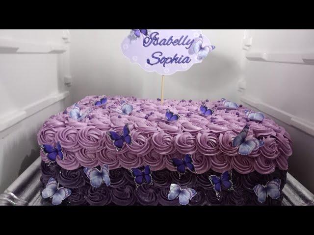 Como decorar bolo retangular feminino lilás com roxo 