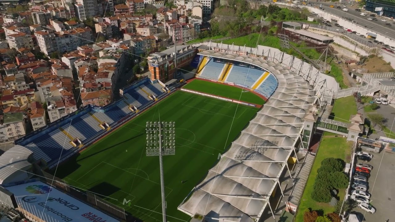 High angle view of Recep Tayyip Erdogan Stadium. Compact football stadium in urban borough. Istanbul