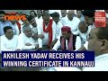 Akhilesh Yadav receives his winning certificate at the DM office in Kannauj