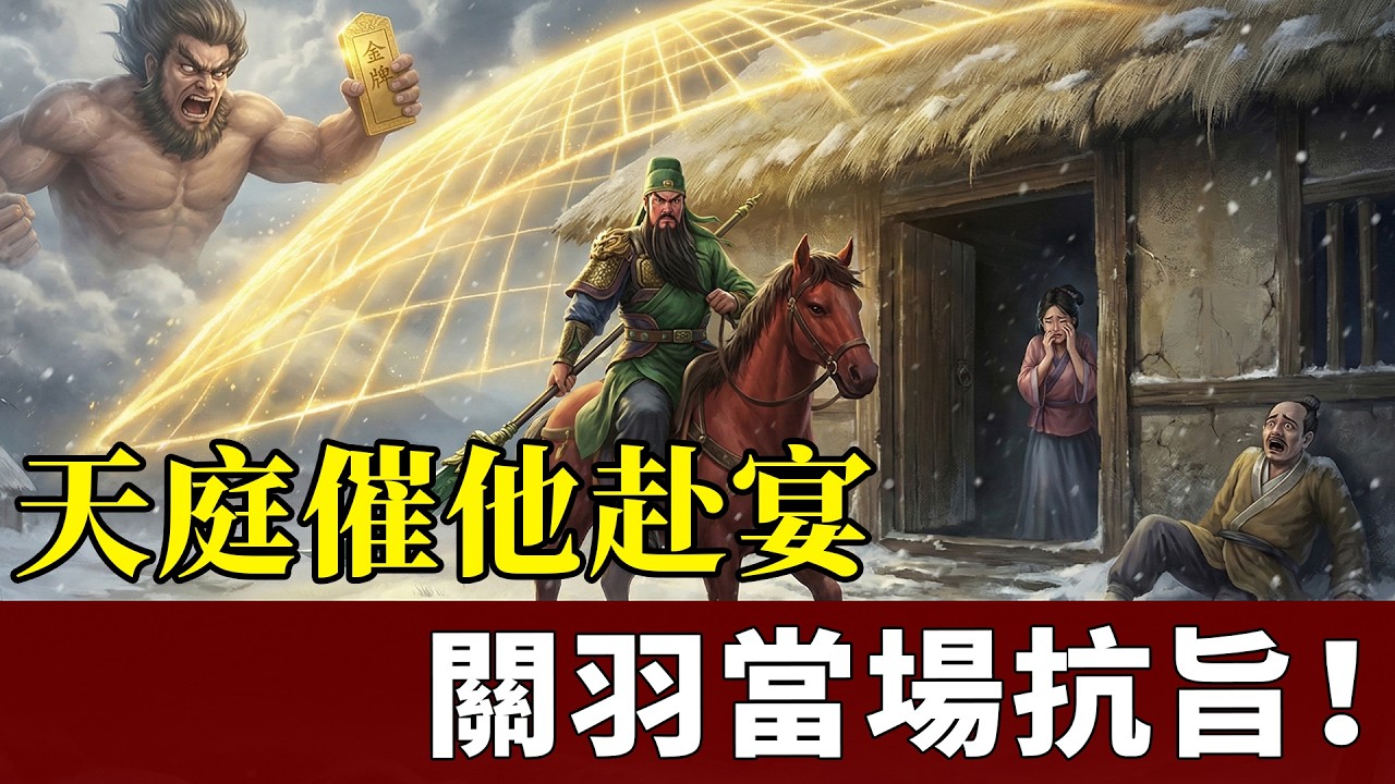 除夕夜萬神宴，唯獨關羽缺席！玉帝金牌催歸位，關二爺卻在風雪裡給窮人「站崗」——丹鳳眼一睜：這天庭的酒太冷，我替他守一夜！最後連玉帝都親自下階為他戴冠：天條當場改了！#關羽 #武財神 #民間故事
