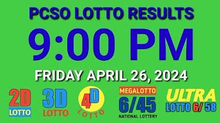 9pm Lotto Results Today April 26, 2024 Friday ez2 swertres 2d 3d pcso