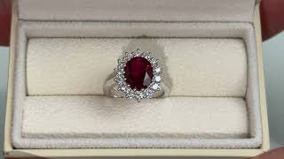 LFV135WR: Lab Grown Ruby &amp; Diamond Halo Ring, 9k White Gold
