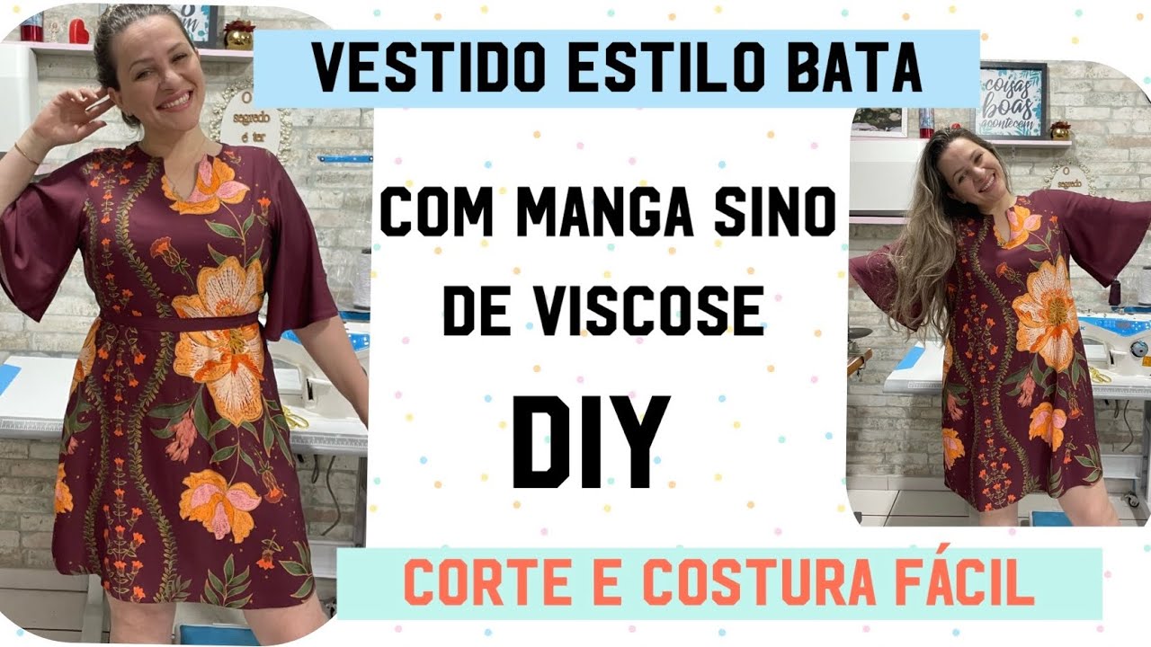 VESTIDO ESTILO  BATA COM MANGA SINO SOLTINHO DE VISCOSE FÁCIL PARA O VERÃO #passoapasso #dress #diy