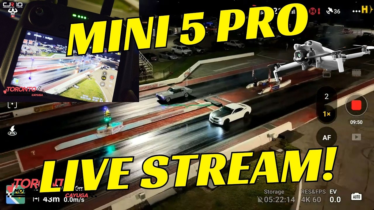 dji mini 5 pro dji drone live streaming drag racing at night flying