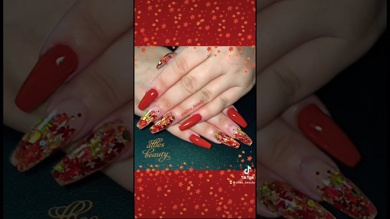 Final Nail Result - orange fall/autumn nails with glitter encapsulations 💅🍁