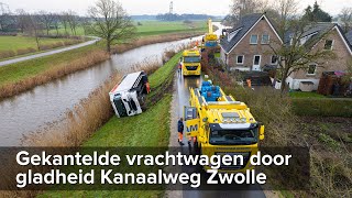 Berging gekantelde vrachtwagen door gladheid Kanaalweg Zwolle - ©StefanVerkerk.nl