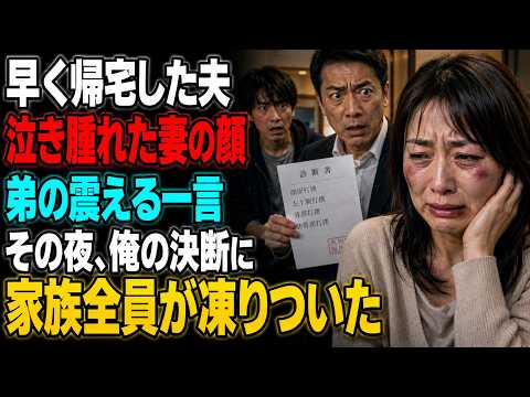 早く帰宅した日――妻は腫れた頬を押さえ、一人で泣いていた。弟は顔面蒼白で震えながら言った。「兄さん……なんで今日に限って早いの？」その夜、俺の決断に家族全員が凍りついた――。