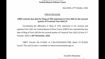 Form 26Q Q2 FY 2022-23 extended for 30-Nov-2022