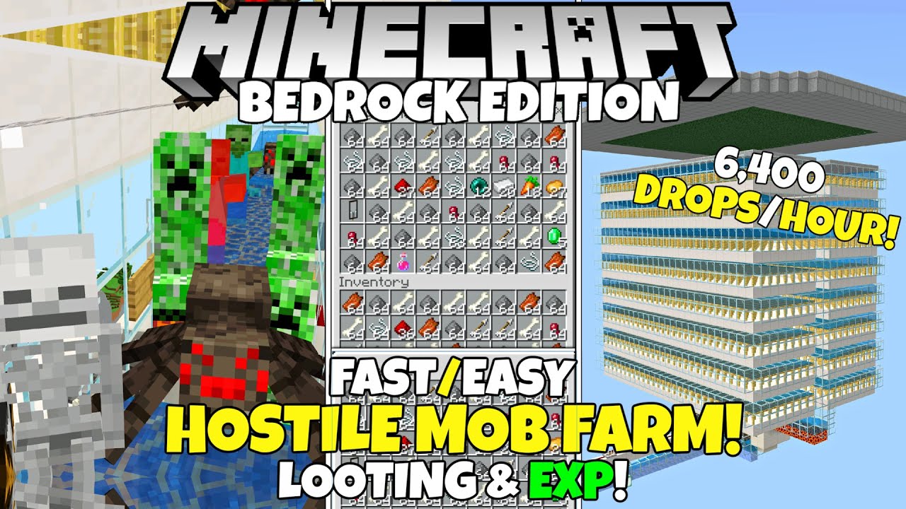 Minecraft Bedrock: Hostile Mob Farm Tutorial! 17.17k Items/Hour! Exp And  Looting! MCPE Xbox Ps17 PC
