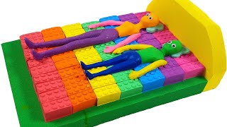 Rainbow lego bed making play with kinetic sand