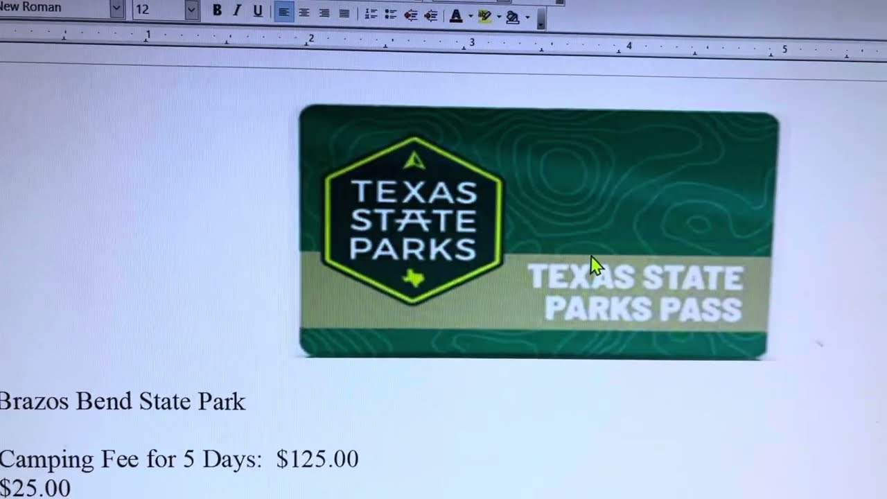 Texas State Parks Pass - RV Camping Discounts - Example Reservation
