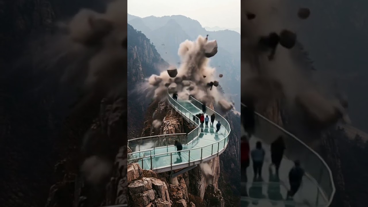 Sudden Explosion Rocks Scenic Glass Bridge on Cliffside | Tourists in Panic