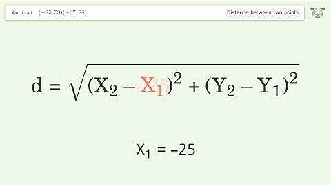 Find the distance between two points p1 (-25,58) and p2 (-67,28): Step-by-Step Video Solution