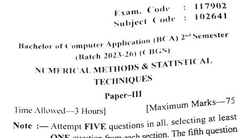 Gndu BCA 2nd Semester Numerical Methods and Statistical Techniques Question Paper 2024
