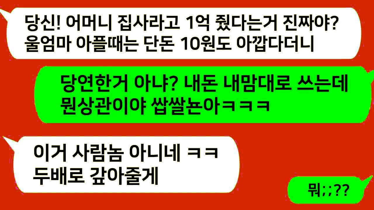 톡톡드라마 친정엄마 병원비는 아까워하면서 지 엄마는 불쌍하다며 집사라고 1억을 준 남편  이혼후 사기당한 남편놈이 도와달라고 비는데 ㅋㅋ ⧸카톡썰