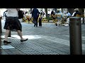 キャリーカートでオフィス街の昼休みのランチ、石畳みの道も通過