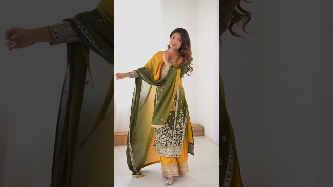 Olive green Shaded Chinon Silk Suit
