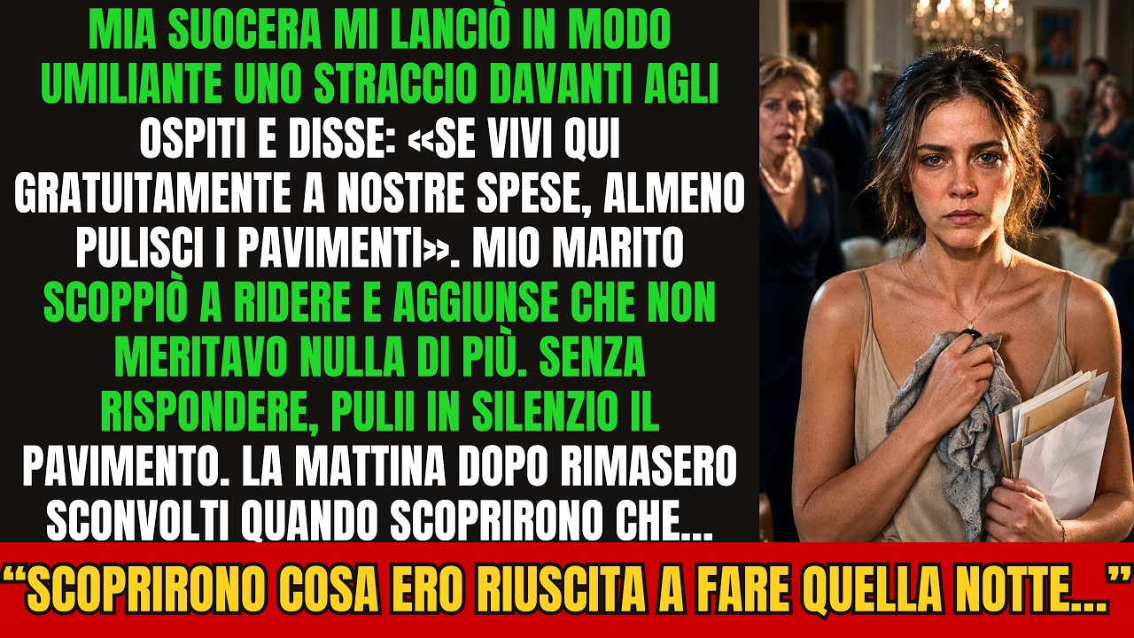Era solo uno straccio grigio, ma quando mia suocera me lo lanciò davanti a tutti gli ospiti e mio marito scoppiò a ridere, capii che per loro non ero una moglie: ero una serva gratis. «Mamma ha...