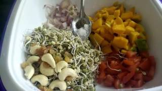 Halo everyone, i made sprouted moong salad today. all you have to do
is mix some moong, mangoes, tomatoes, half red onion, cashew nuts and
few raisi...
