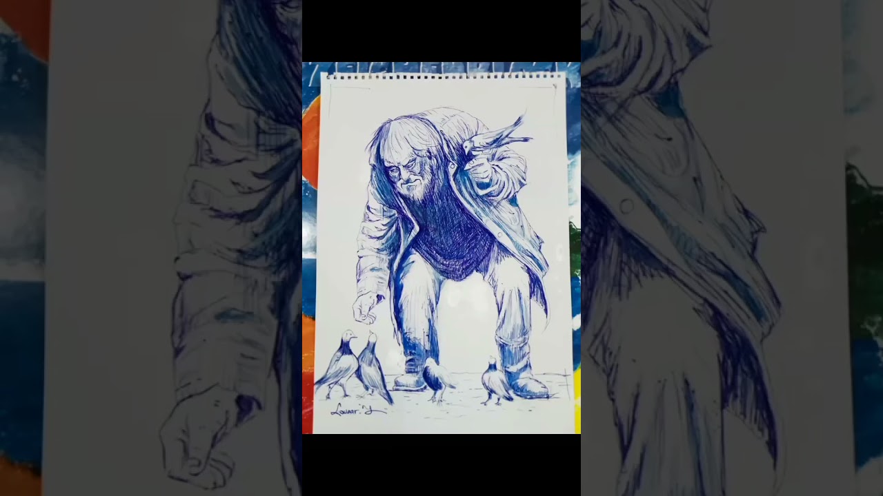 Old man with Doves After a drawing , Blue Bic on paper 