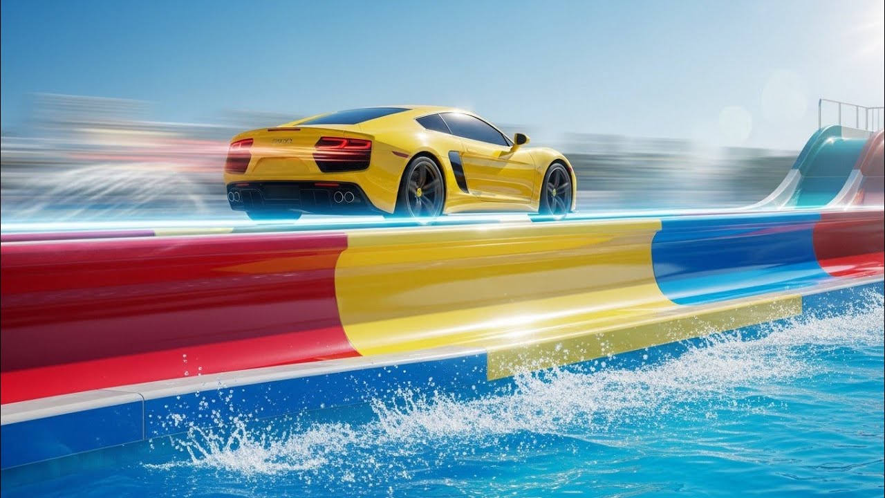 🚗💦 “Colourful Car on Water Slide! Unbelievable Ride into the Pool!” l 😲 “Car on Water Slide 4K 🏎️.