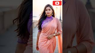 Elegant Woman In Peach Saree With Royal Purple Embroidered Blouse At Sunset