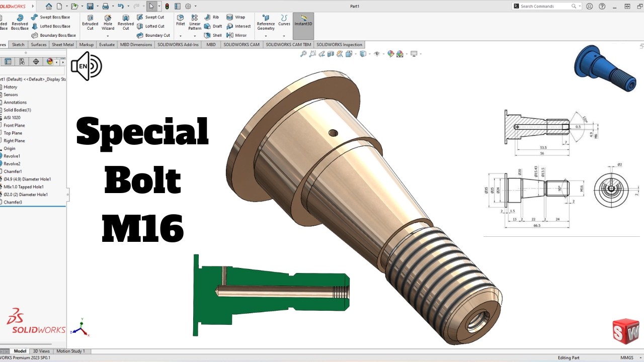 Special bolt M16, Exercise 176 for beginners SolidWorks Tutorial! SolidWorks
