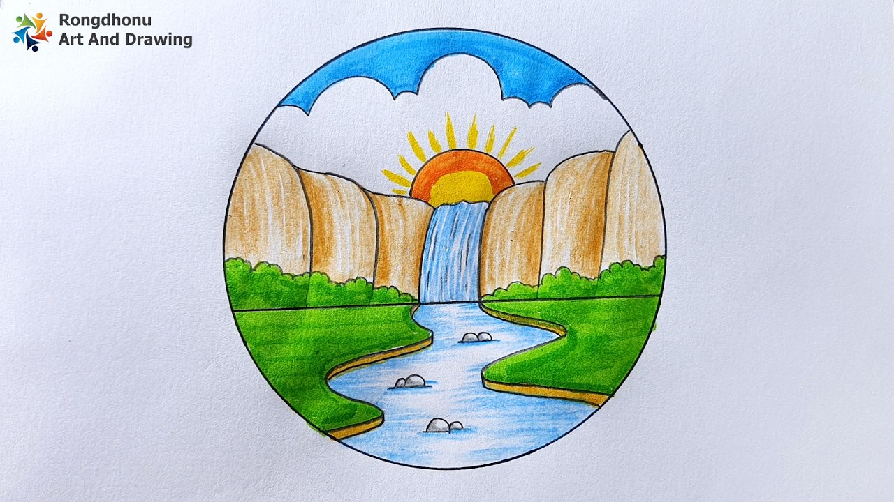 Beautiful Waterfall Scenery Drawing with Color Pencil | Step By Step ...