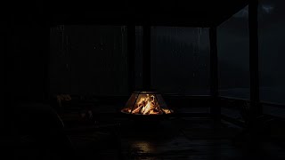 Rainy Night and Thunder by the Balcony with Crackling Fireplace for Sleeping, Relax, Study, Meditate