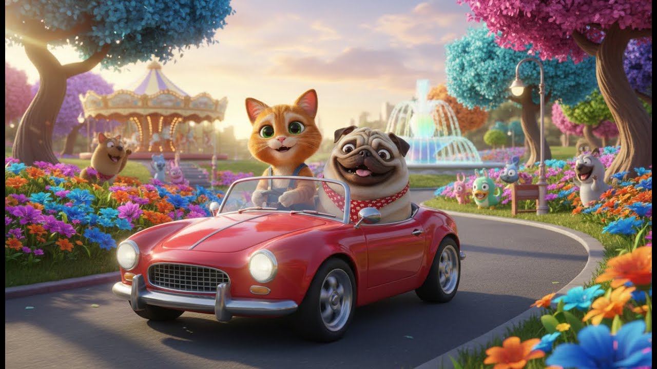 Amazing! The cat is driving a car in the park and slopes