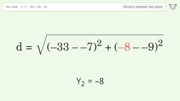 Find the distance between two points p1 (-7,-9) and p2 (-33,-8): Step-by-Step Video Solution