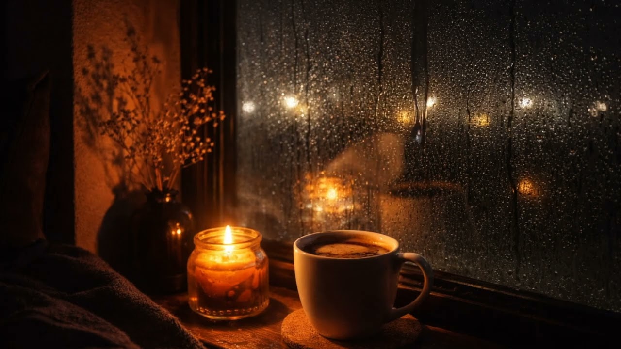 Rain on Window ☔ Cozy Candle & Coffee Ambience | 4 Hours Deep Relaxation & Sleep Sounds