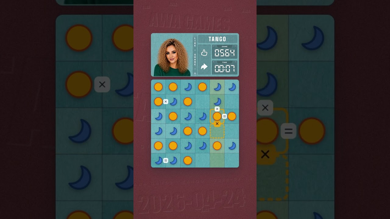 LinkedIn Tango #564 solved board for April 24, 2026, 6x6 grid