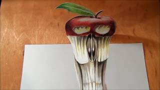 Anamorphic Illusion, Drawing Levitating 3D Apple Skull, Time Lapse