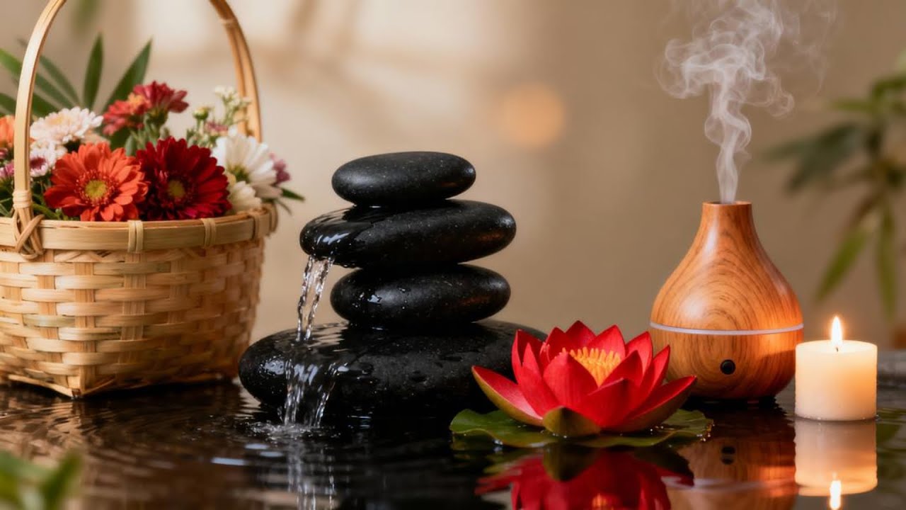 خرير الماء مع بيانو ناعم وأجواء سبا بعطر الزهور للاسترخاء