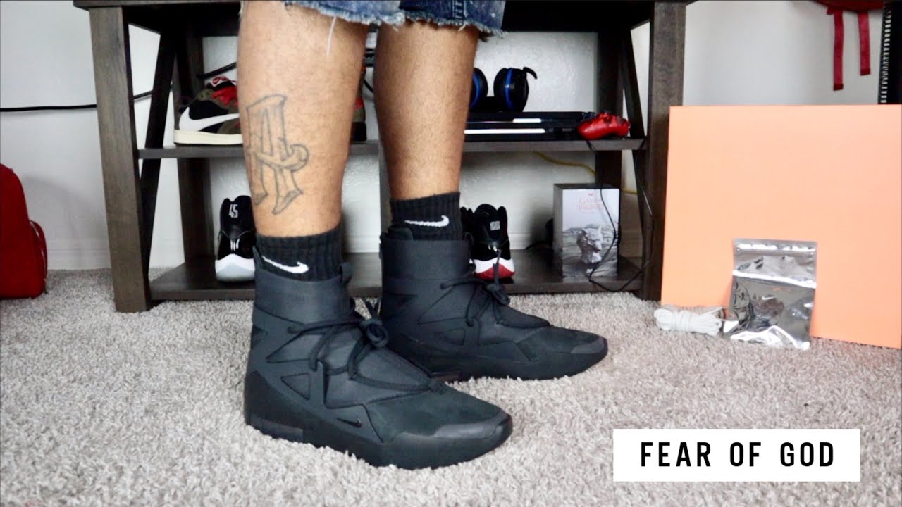 air fear of god 1 triple black on feet