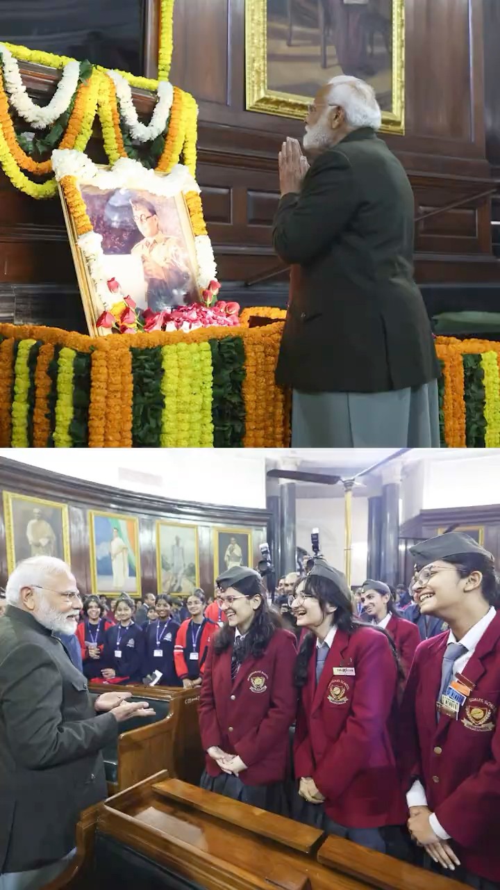 PM Modi pays floral tribute to Netaji Subhas Chandra Bose in Central hall | #shorts