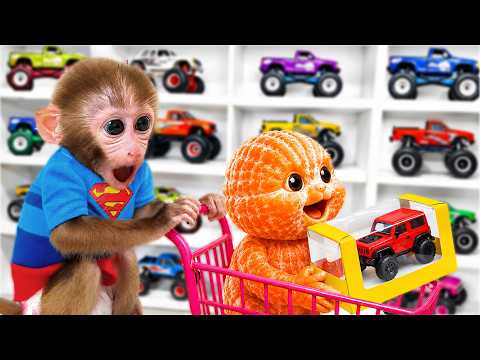 BonBon the Monkey buys a monster truck with Baby Orange and builds a Lego house