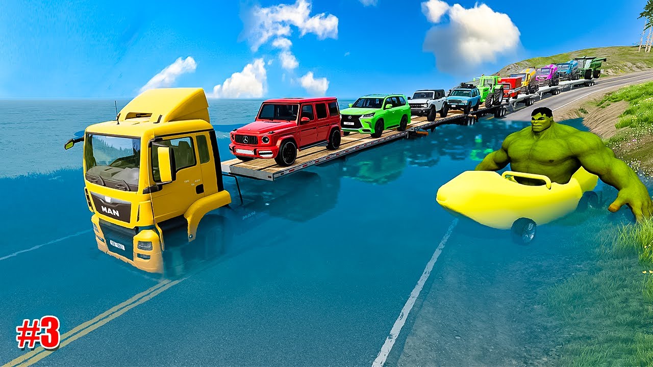 Quadruple Flatbed Trailer McQueen | Transportation with truck - Pothole vs Cars #3 | BeamNG.Drive