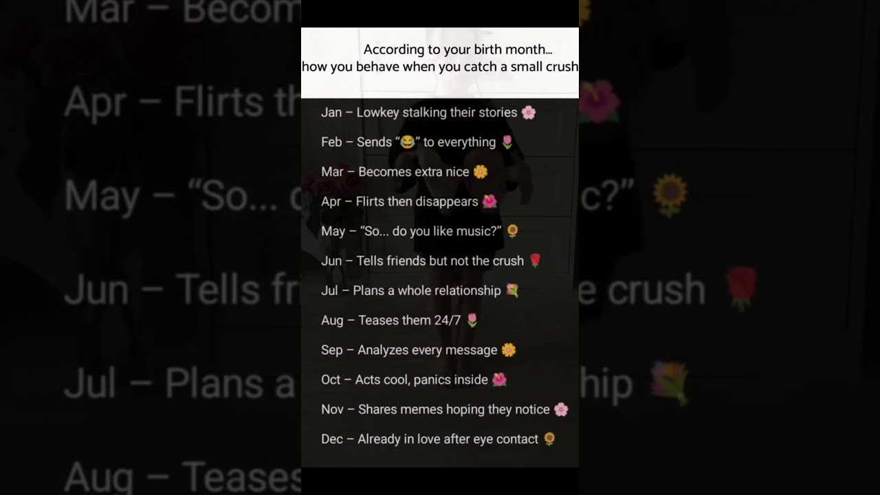 ACCORDING TO YOUR BIRTHDAY MONTH HOW YOU BEHAVE WHEN YOU CATCH A SMALL CRUSH.... auf YouTube ansehen ACCORDING TO YOUR BIRTHDAY MONTH HOW YOU BEHAVE WHEN YOU CATCH A SMALL CRUSH.... auf YouTube ansehen