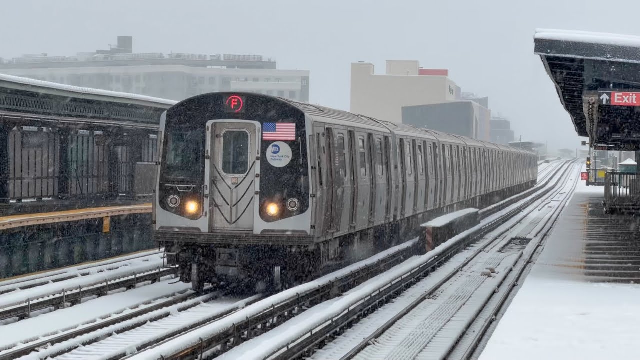 R160 Express & Local F Train Action at Bay Parkway in the snow