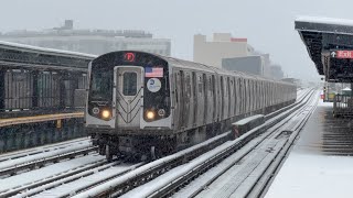 R160 Express & Local F Train Action At Bay Parkway In The Snow