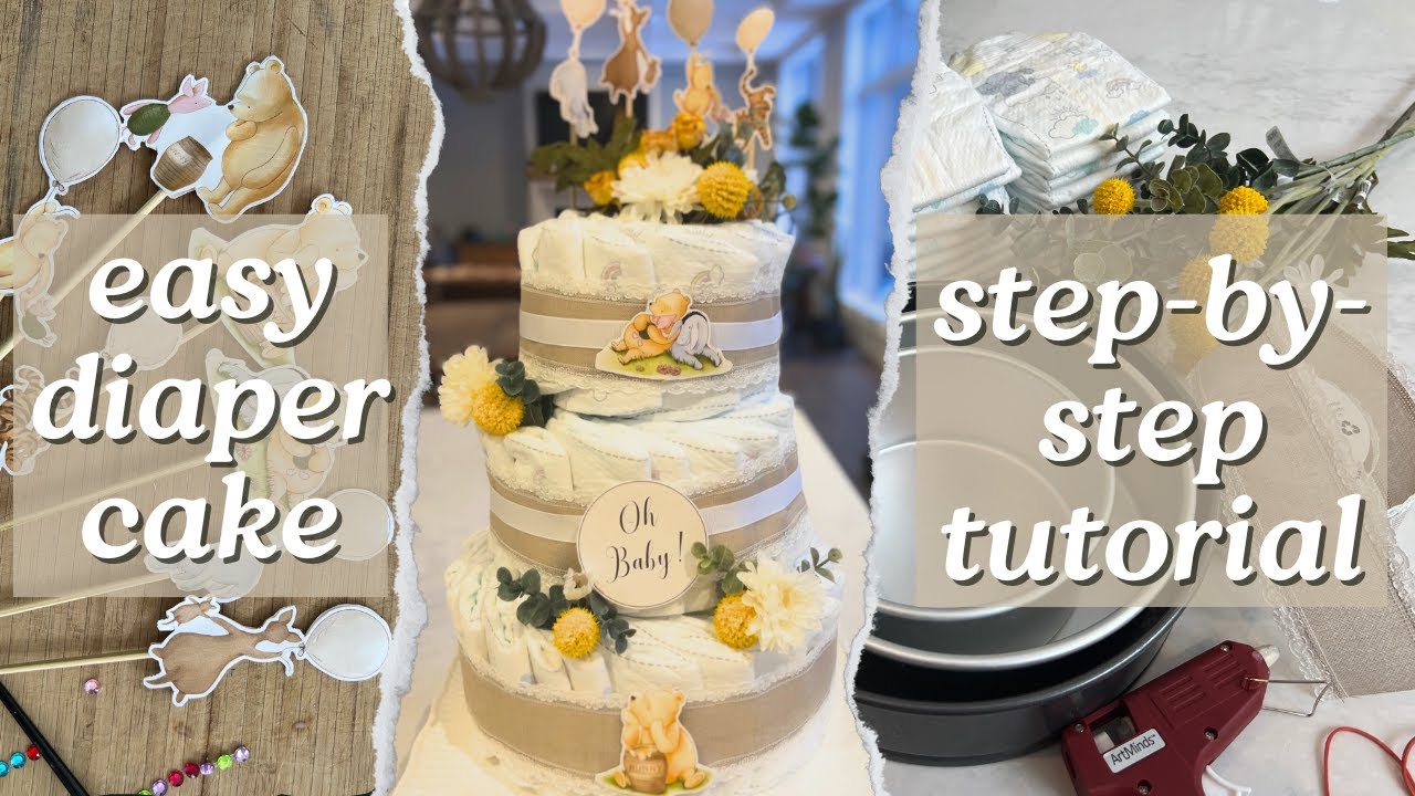 HOW TO MAKE A DIAPER CAKE! SUPER CUTE Vintage Winnie The Pooh Diaper Cake Tutorial (NO ROLL Method)