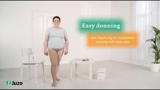 Donning of compression stockings (Thigh stockings) with open toes  – Juzo Slippie Leg (EN)