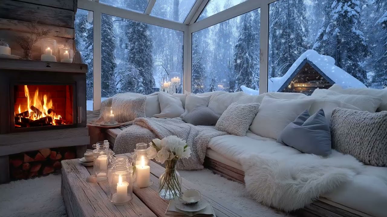 🎶🌧️ Peaceful Winter Lounge Piano Music | Candlelight & Snowfall Scene (5 Hours) | Study Relax Sleep
