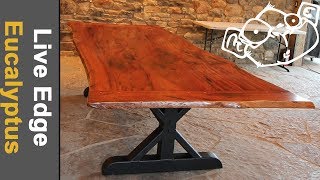 Live Edge Trestle Table with Chainsaw Milled Eucalyptus and Custom Metal Base