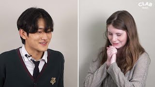 What do the American girl and the Korean boy say when they first meet?