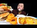 Onion Rings + Chili Cheese Fries + Bacon Cheeseburger Mukbang