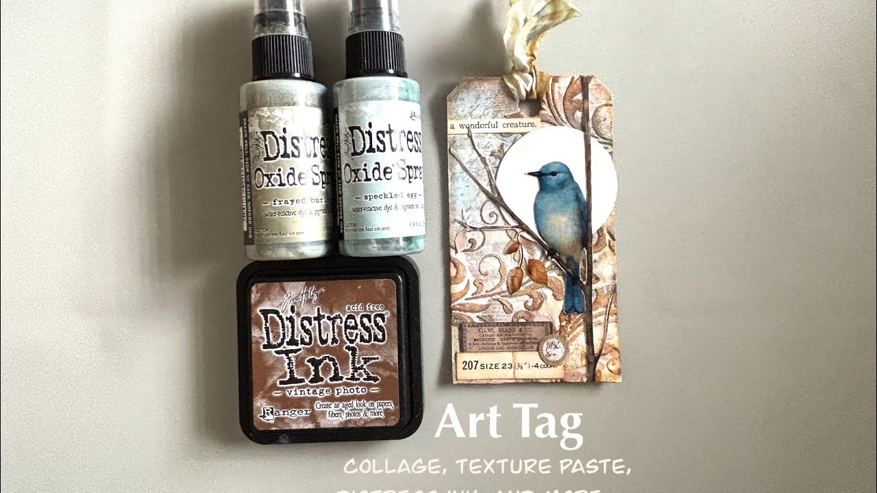 Mixed media art tag using collage, texture paste, distress inks, and ...